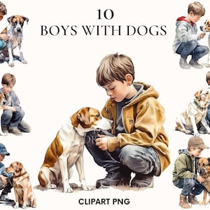 Clipart de menino aquarela com cachorro, pacote de clipart de meninos, lindo modelo de menino, clipart de cachorro, clipart Doglover, álbum de recortes, artesanato em papel