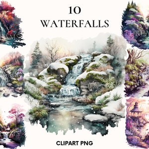Watercolor waterfall clipart, Landscape mountain clipart bundle, Watercolor clipart, Magic scene, Perfect place, Scrapbooking, Card making