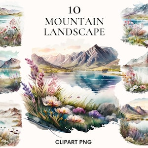 Mountains landscape clipart, Spring landscape bundle clipart, Mountains lake and flowers png, Watercolor mountain, Scrapbooking, Card making