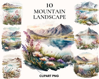 Mountains landscape clipart, Spring landscape bundle clipart, Mountains lake and flowers png, Watercolor mountain, Scrapbooking, Card making