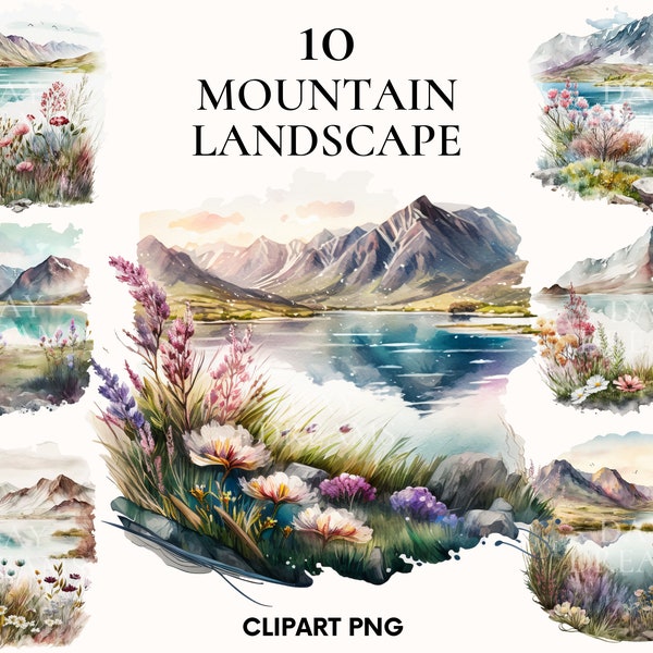 Montagnes paysage clipart, printemps paysage bundle clipart, montagnes lac et fleurs png, montagne aquarelle, Scrapbooking, fabrication de cartes