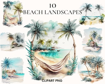 Cozy beach landscape clipart, Beautiful hammock on the beach clipart bundle, Magic sceene, Holidays clipart, Relax, Summer, Card making