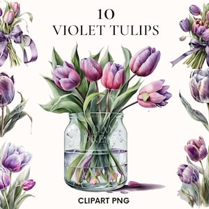Aquarel paarse tulpen clipart, bruiloft clipart, bloemen clipart bundel, Tulip PNG, afdrukbare, kaart maken, scrapbooking, junk Journal