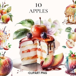 Watercolor apple clipart, Apples dessert clipart bundle, Apple ice cream clipart, Apple png, Kitchen art, Food illustration, Card making