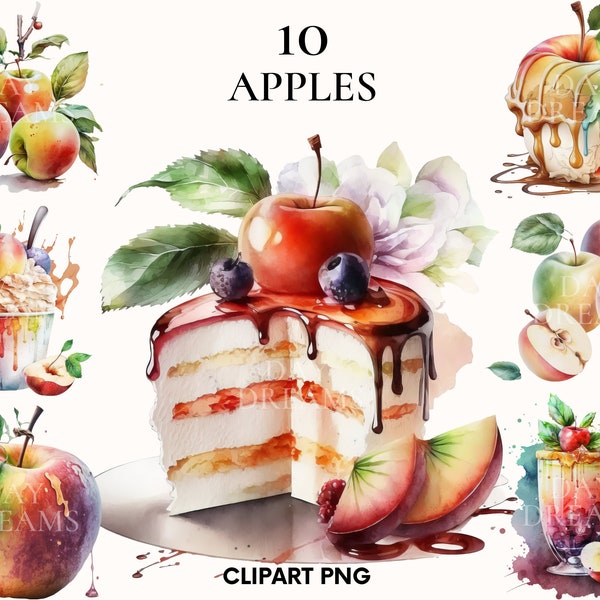 Aquarell Apfel Clipart, Äpfel Dessert Clipart Bündel, Apfel Eis Clipart, Apfel png, Küchenkunst, Lebensmittel Illustration, Kartenherstellung