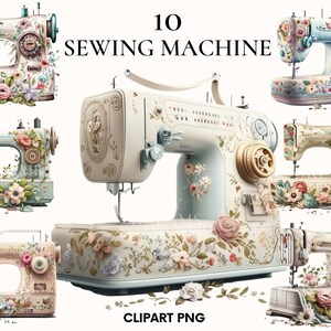 Clipart de machine à coudre rétro aquarelle, clipart de couture, bundle de clipart rétro, png de machine à coudre, clipart vintage, Scrapbook, Rose, pivoine