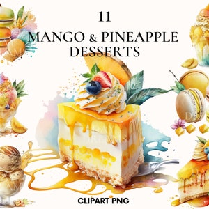 Aquarelle ananas dessert clipart, lot de clipart dessert mangue, délicieux clipart, clipart cuisine, dessert illustration, Scrapbooking