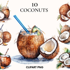 Clipart cocktail dell'acquerello, Pacchetto clipart bevande, Clipart estate, Clipart cocco, Coconut png, Scrapbooking, Arte della cucina, Arredamento per la casa