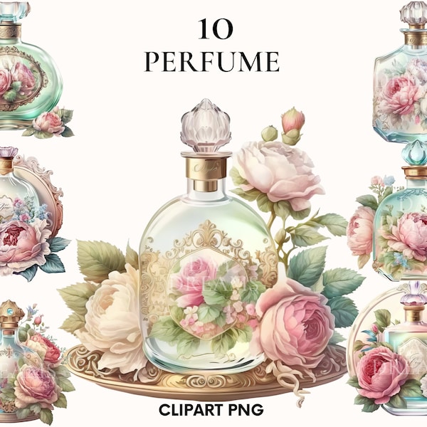 Watercolor perfume bottle with flowers clipart, Magic garden, Fairy tale perfume clipart bundle, Scrapbook, Rose, Peony, Wedding clipart