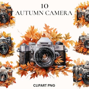 Watercolor camera clipart, Autumn camera clipart, Autumn leaves clipart bundle, Photography clipart, Scrapbook, Autumn clipart