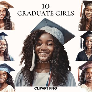 Watercolor graduate girls clipart, Graduate clipart bundle, School clipart, African american girl clipart, Graduate png, Girl png, Scrapbook