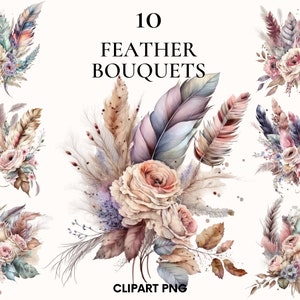 Clipart de buquê de penas de flores em aquarela, clipart boho de rosas e flores, buquê de casamento, confecção de cartões, scrapbooking, Junk Journal