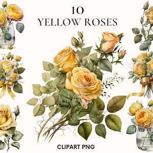Imágenes prediseñadas de rosas amarillas de acuarela, paquete de imágenes prediseñadas de flores de primavera, pétalos de flores, imágenes prediseñadas de flores amarillas, imprimible, fabricación de tarjetas, álbumes de recortes