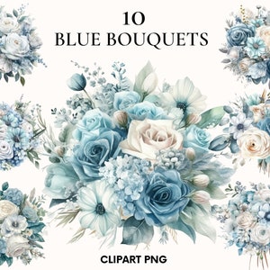 Clipart bouquet di fiori ad acquerello, clipart boho rosa e fiore, bouquet da sposa, clipart fiore blu, creazione di carte, Scrapbook, Junk Journal