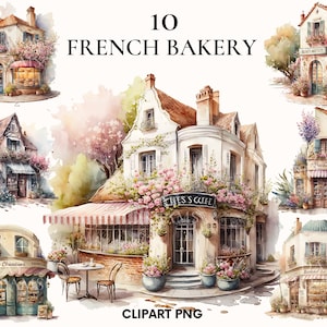 Aquarell französische Bäckerei Clipart, süße Bäckerei Clipart Bündel, gemütliches Café Clipart, Blumenladen, Kartenherstellung, Scrapbooking