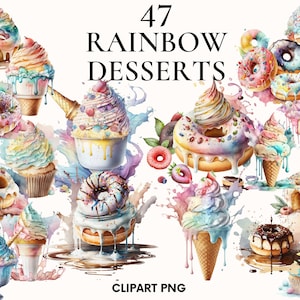 Watercolor dessert clipart, Rainbow ice cream clipart, Unicorn cake clipart, Sweets clipart, Donut png, Scrapbook, Junk journal, Card making
