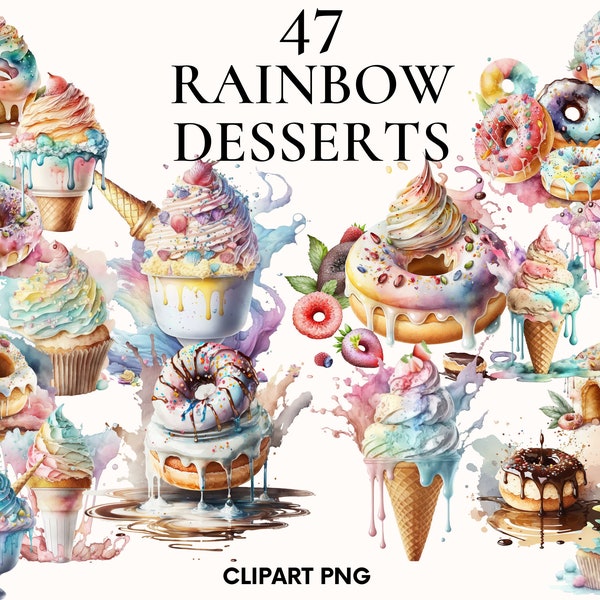 Watercolor dessert clipart, Rainbow ice cream clipart, Unicorn cake clipart, Sweets clipart, Donut png, Scrapbook, Junk journal, Card making