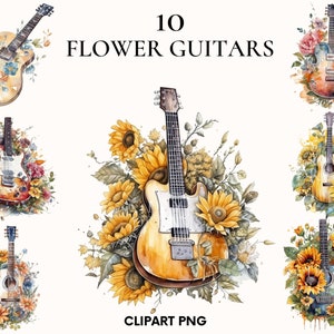 Retro gitaar clipart, magische tuin, gitaar met bloemen clipart bundel, groen clipart, scrapbook, muziek clipart, instrument png