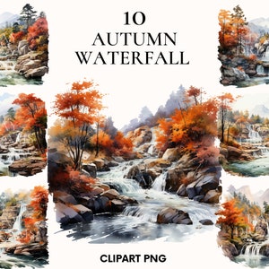 Clipart cascata acquerello, bellissimo pacchetto di clipart foresta paesaggio autunnale, clipart acquerello, clipart autunnale, clipart autunnale, album di ritagli