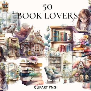 Book lover clipart, Book clipart, Book png, Bookshelf clipart, Stacked books clipart, Girl with a book clipart, Scrapbooking, Junk journal