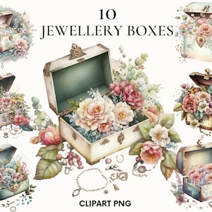 Aquarell Schmuckkästchen Clipart, Schmuck Clipart Bündel, Hochzeit Clipart, Retro Clipart, Blumenkasten Clipart, Papier Handwerk