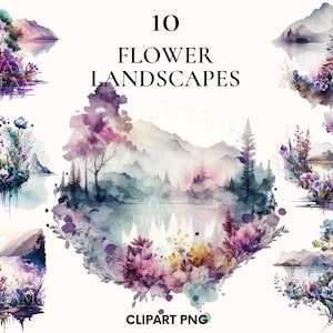 Watercolor mountain landscape with lake flowers clipart, Mountain lake clipart bundle, Lake, Colorful wild flowers, Card making, Paper craft