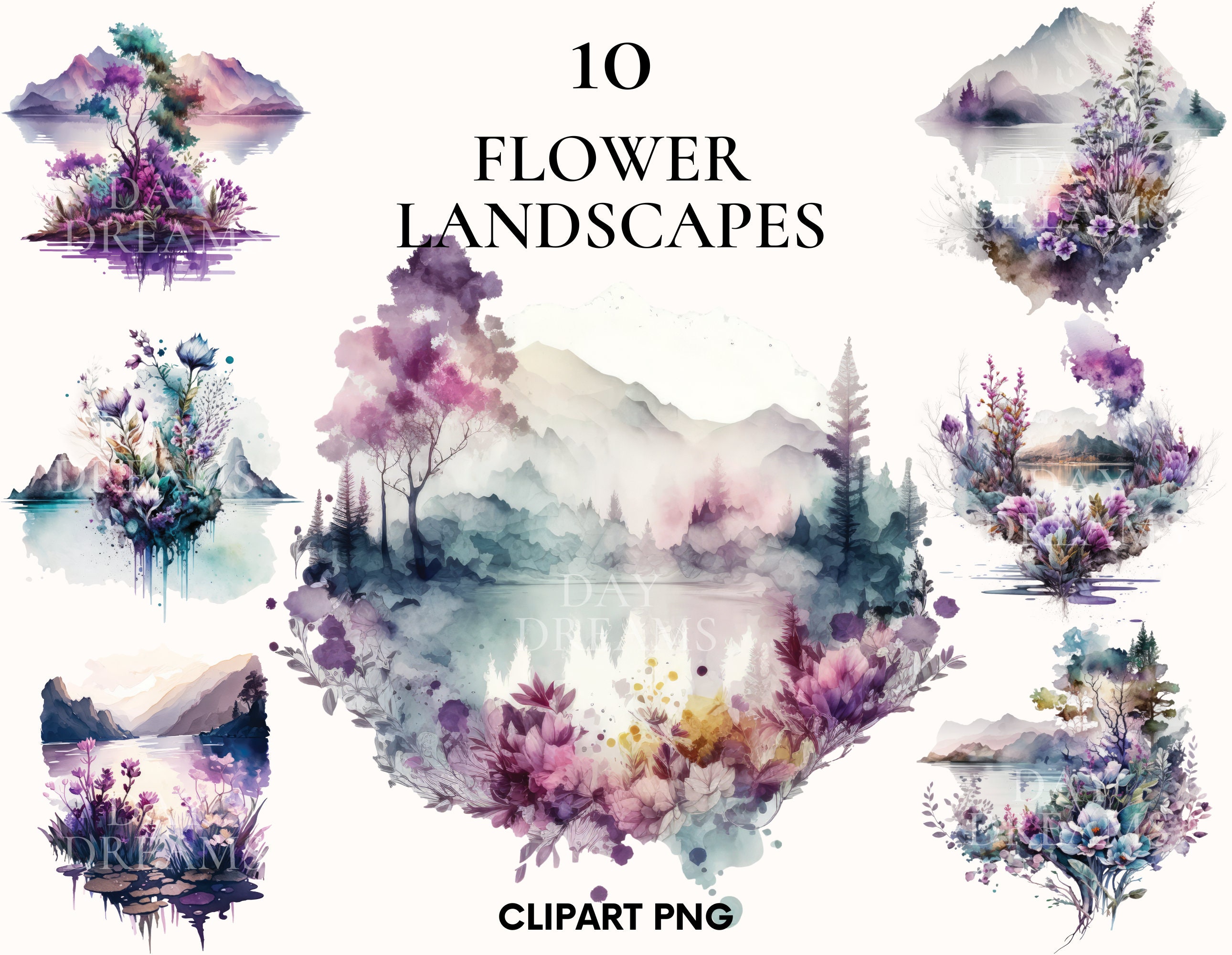 Watercolor mountain landscape with lake flowers clipart, Mountain lake clipart bundle, Lake, Colorful wild flowers, Card making, Paper craft