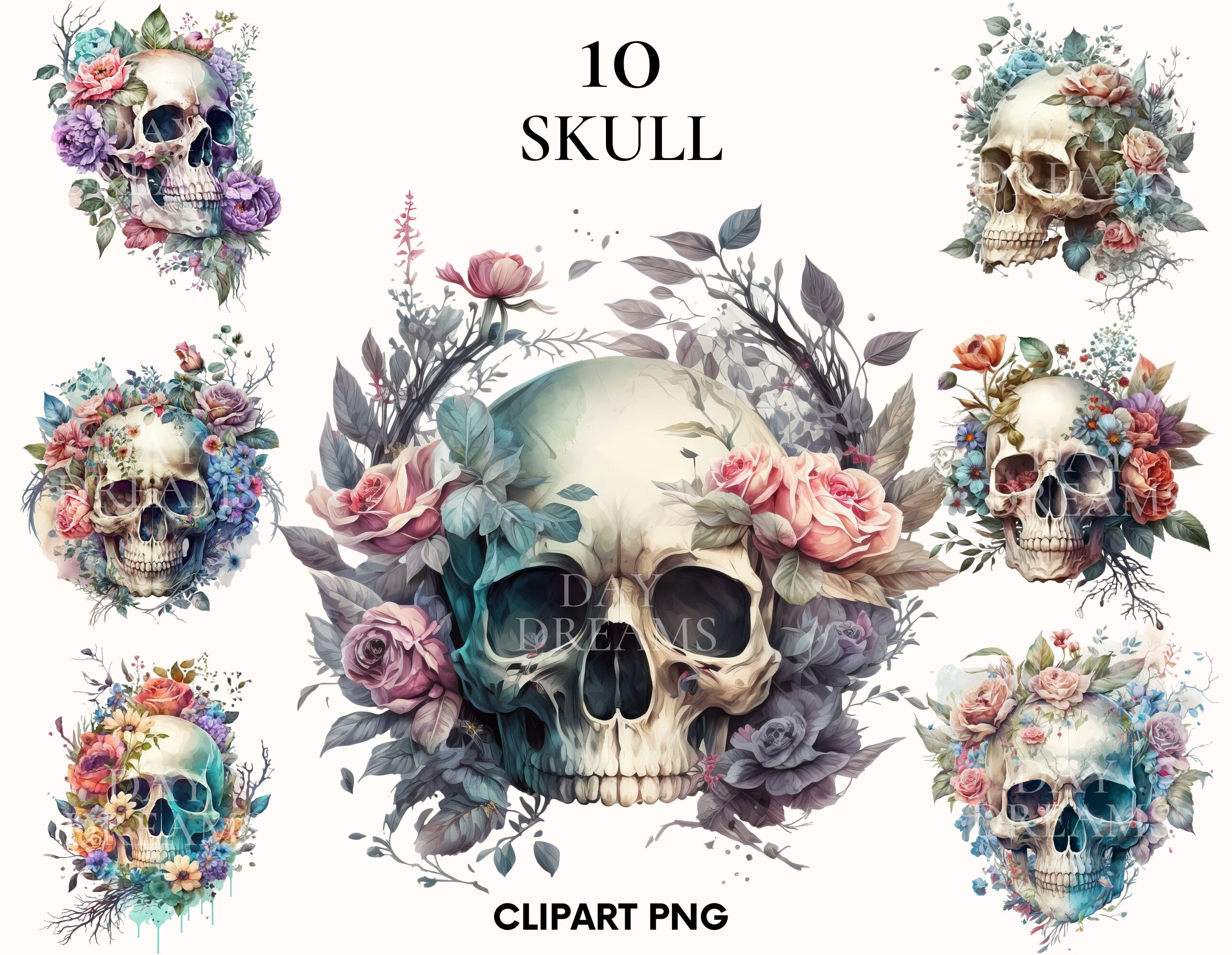 Skull with flowers Floral skull Sublimation designs PNG files Watercolor  clipart Sublimation transfers Downloadable print Tshirt design png