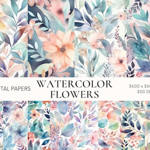 Watercolor flower digital paper, Pastel flowers texture instant download for commercial use, Wild flower digital background, Scrapbook paper
