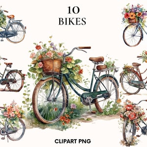 Vélo aquarelle en fleurs clipart, jardin magique, vélo de conte de fées avec bundle clipart fleurs, clipart verdure, Scrapbook, Rose, pivoine