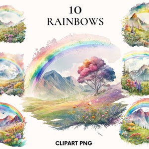 Paisaje de montaña de acuarela con imágenes prediseñadas de arco iris, paquete Rainbowclipart, imágenes prediseñadas de montañas, pradera con arco iris, Scrapbooking
