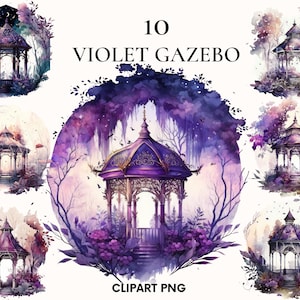 Watercolor violet gazebo clipart, Garden clipart bundle, Fairy garden gazebo clipart, Magic scene, Scrapbooking, Card making, Junk journal