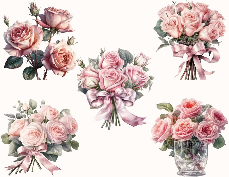 Watercolor Pink Roses Clipart, Wedding Flowers Clipart Bundle, Flower ...