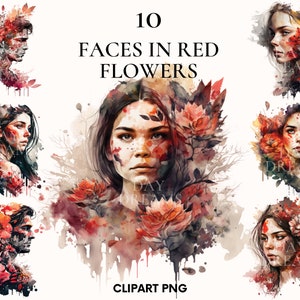 Aquarell Frau Gesichter in roten Blumen Clipart, Portrait Frau und Mann Clipart Bündel, rote Blumen png, Fantasy Gesichter, Kartenherstellung