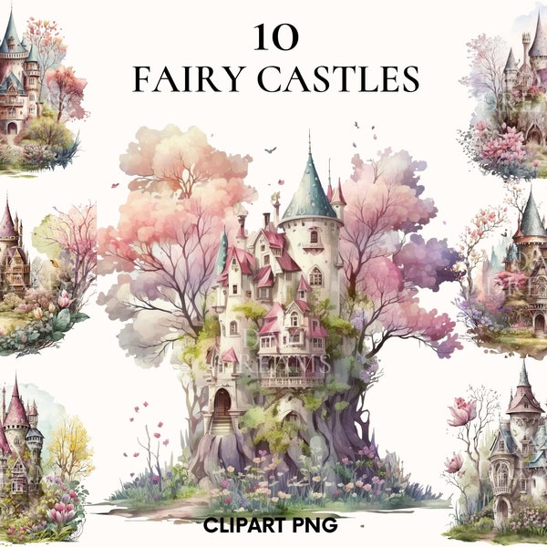 Fairy castle clipart, Beautiful landscape view clipart bundle, Magic garden, Fairy tale, Watercolor palace, Scrapbooking, Card making