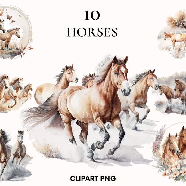 Watercolor horse clipart, Wild horses on the beach clipart bundle, Galloping wild horses, Wild animals card making, Paper crafts, Scrapbook