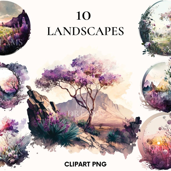 Watercolor magical nature landscape clipart, Spring beautiful landscape bundle, Summer, Winter Sunset in the mountains, Scrapbooking