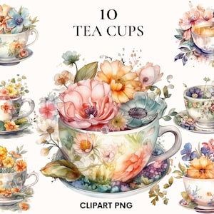 Aquarell Teetasse Clipart, Teeparty Clipart Bündel, süße japanische Teetasse Clipart, Teeliebhaber png, Blumen Clipart, Scrapbook, Kartenherstellung