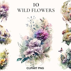 Clipart de flores silvestres em aquarela, pacote de clipart de flores de casamento na primavera, pétalas de flores, clipart de borboleta, criação de cartões, álbum de recortes