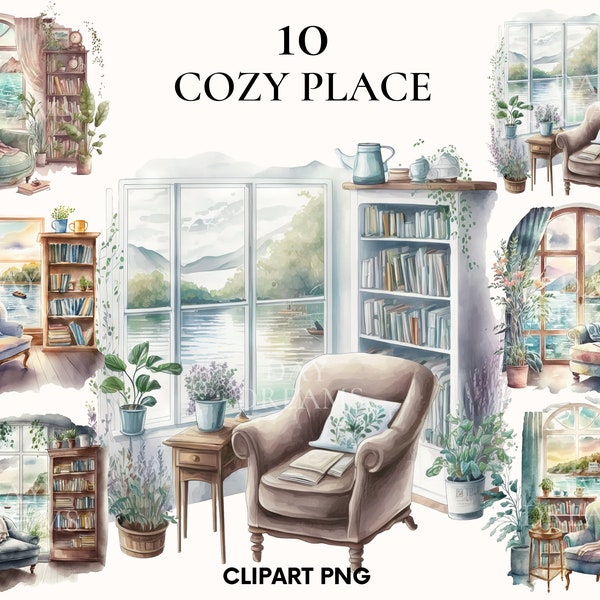 Cozy home place clipart, Beautiful home place for reading clipart bundle, Magic sceene, Booklover clipart, Relax, Paper craft, Card making