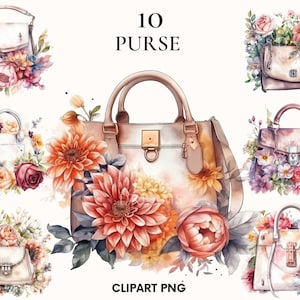 Sac à main aquarelle avec fleurs clipart, jardin magique, lot de clipart sac à main, Scrapbook, sac à main png, clipart Rose, pivoine, clipart mariage