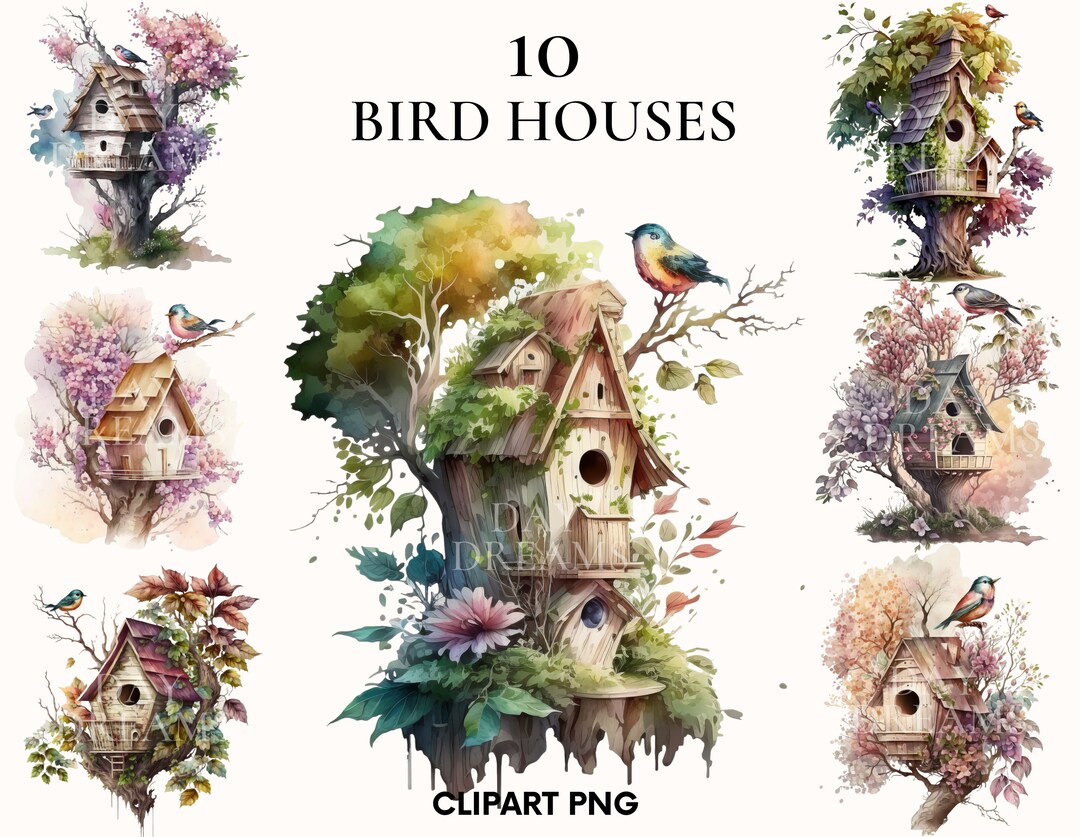 Watercolor Bird House Clipart, Magic Garden, Fairy Tale Bird House