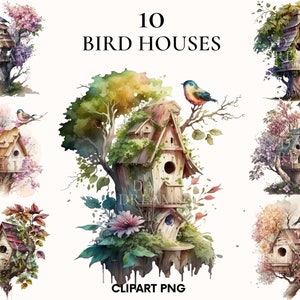 Clipart de maison d'oiseau d'aquarelle, jardin magique, paquet de clipart de maison d'oiseau de conte de fées, fleur clipart, clipart de pépinière, album, fabrication de cartes