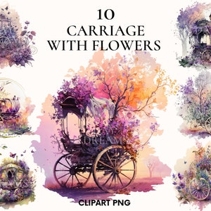 Clipart de calèche romantique, jardin magique, calèche aquarelle de conte de fées avec bundle clipart fleurs, clipart princesse, Scrapbook, Rose