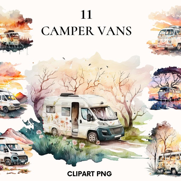 Watercolor camper vans clipart, Camping clipart, Camper Adventure van clipart, Summer clipart, Wall Art, Home Decor, Paper crafts