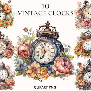 Clipart horloge aquarelle, clipart horloge vintage, horloge de conte de fées avec bundle clipart fleur, clipart horloge rétro, Scrapbook, Rose, pivoine