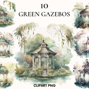 Aquarell See Pavillon im magischen Garten Clipart, magischer Garten, Märchen Ort Clipart Bündel, Hochzeit Clipart, Grün Clipart, Scrapbook