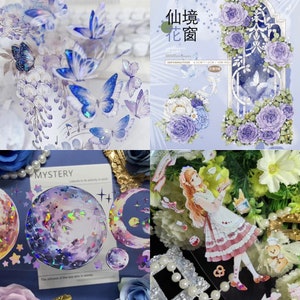 Ruban adhésif PET fleurs violettes, fenêtres florales, lune, filles de la campagne - échantillon de boucle