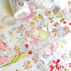 Cinta adhesiva de PET con personajes de chicas lindas de Bai Cang Jia Studio (Banda del bosque, Ir a la escuela, Ángeles, Recolección de flores) - 90-100 cm de bucle