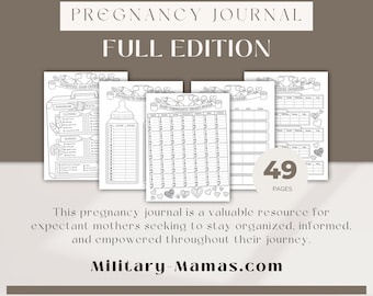 May include: A black and white printable pregnancy journal with 49 pages. The journal includes sections for tracking appointments, symptoms, baby kicks, and more. The cover features a baby bottle and hearts.